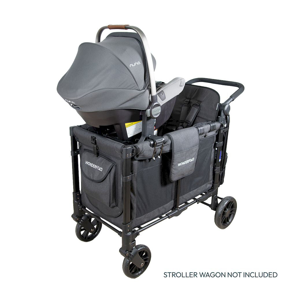 Wonderfold W2 Car Seat Adapter demonstrated on a versatile stroller wagon for convenient baby transport