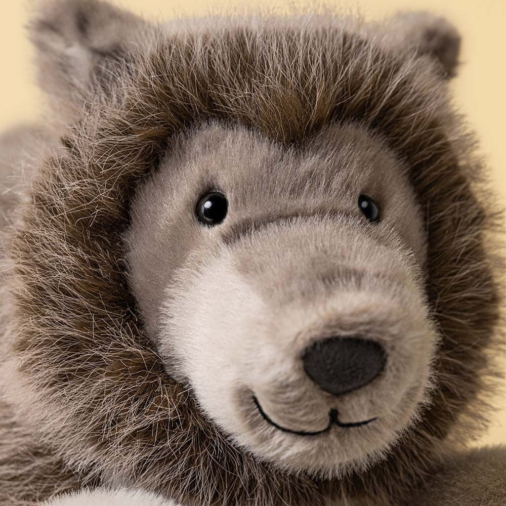 Jellycat Ulrich Wolf front view standing stuffed animal wolf plush with thick cream and gray fur