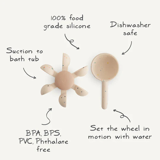 dishwasher safe mold free soft silicone mushi water wheel bath toy on white back ground with text that says bpa, bps, and pvs free