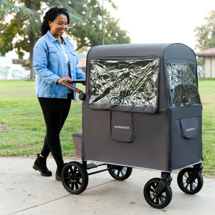 A must-have for twins stroller outings, Wonderfold Weather Cover keeps both passengers dry and secure