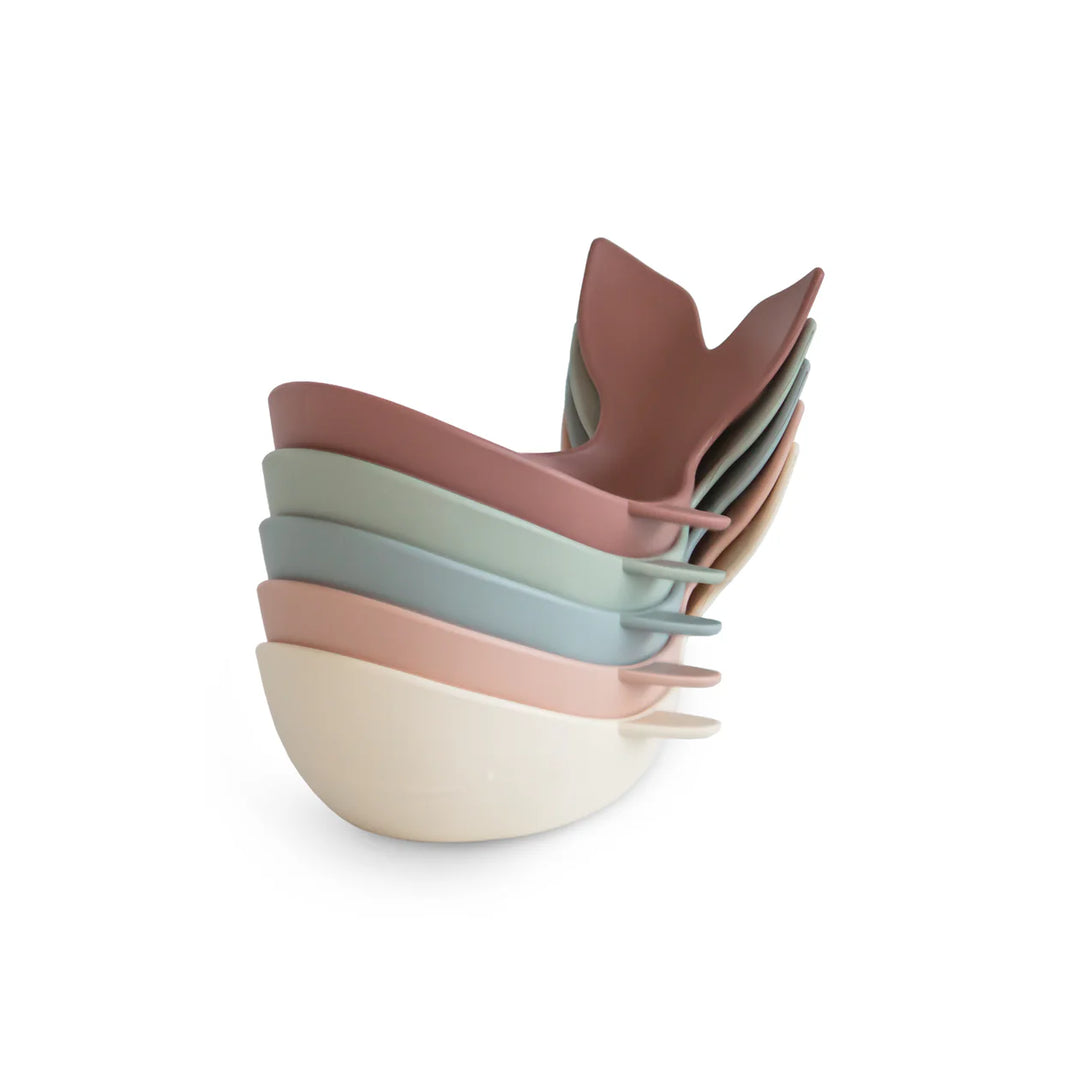 Mushie Whale Bath Stackers in Original colorway - set of stackable whale silicone cups in soft neutral tones
