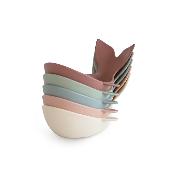 Mushie Whale Bath Stackers in Original colorway - set of stackable whale silicone cups in soft neutral tones