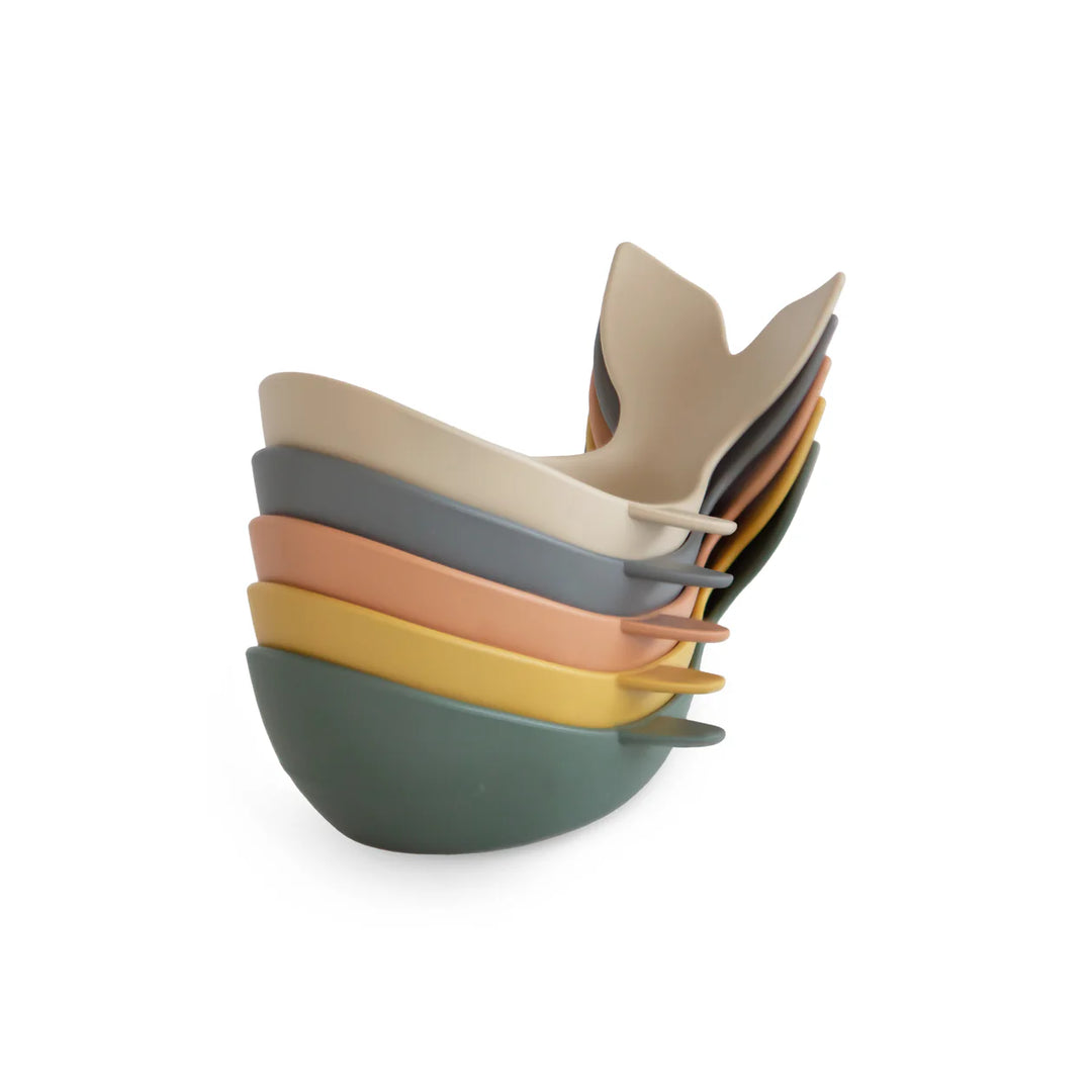 Mushie Whale Bath Stackers in Retro colorway - set of stackable silicone whale cups in muted retro tones