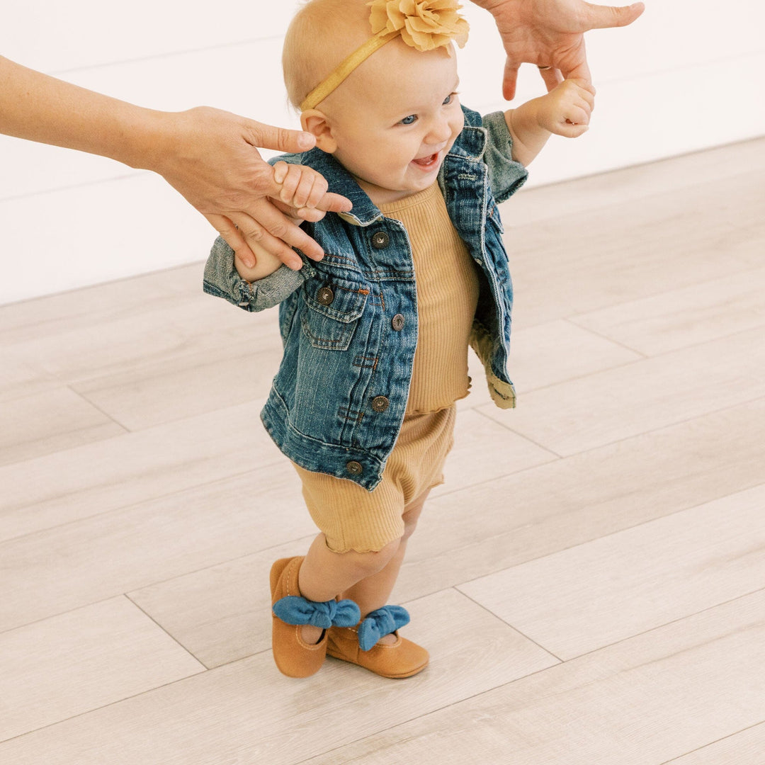 Freshly Picked Corduroy Cowgirl Knotted Bow baby shoes for early walkers, lifestyle photo