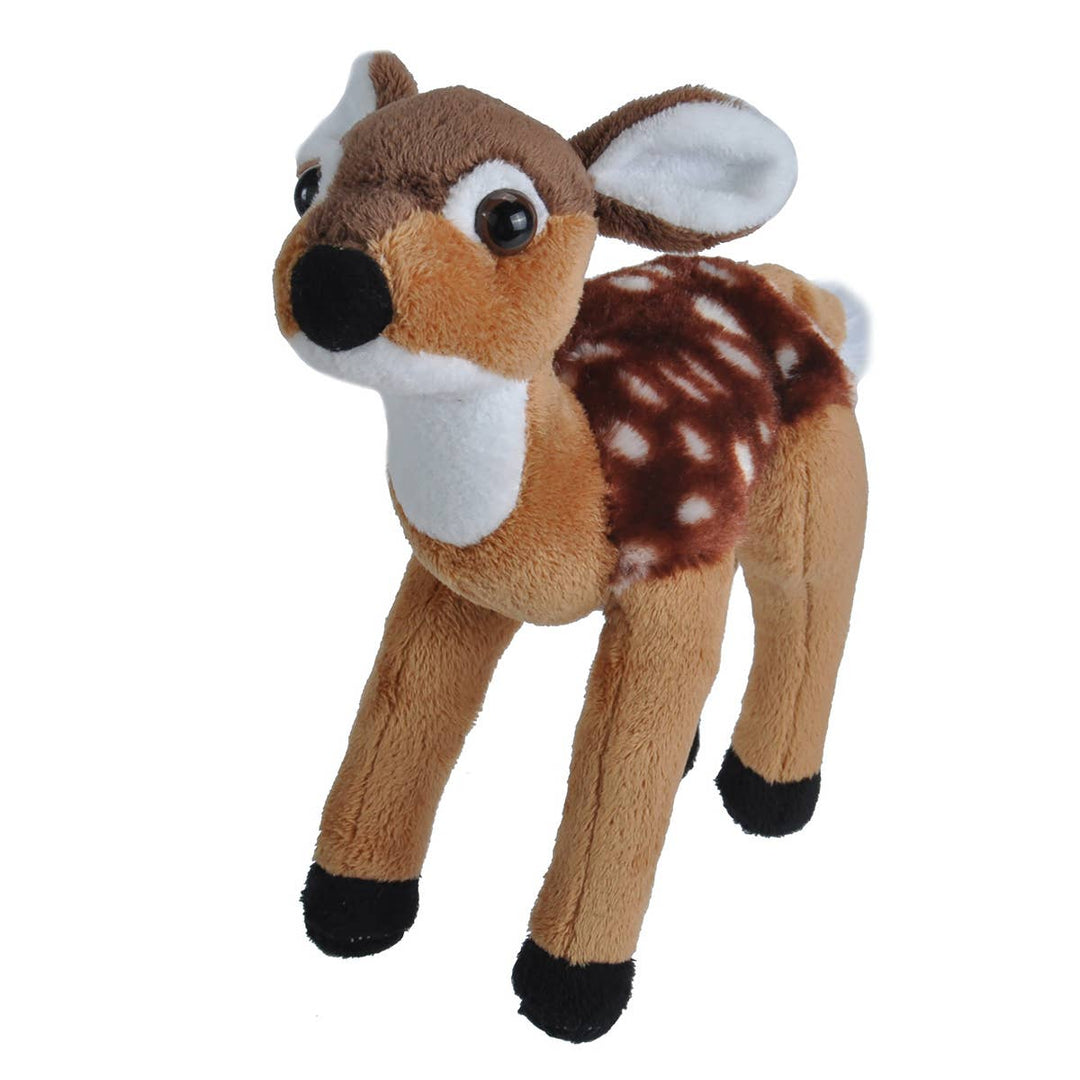 Wild republic baby deer stuffed animal toy staring at the camera with wide eyes 