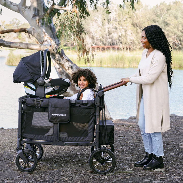 Easily attach infant seats using Wonderfold W4 Graco Car Seat Adapters on a twins stroller setup