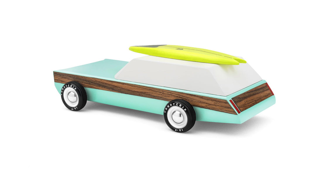 Rear view of Plantoys Woodie Redux car toy, designed as a small toy car for toddlers.