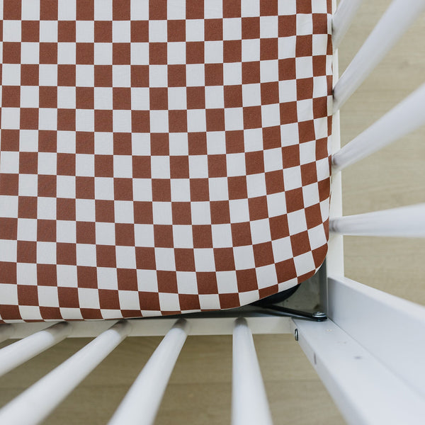 Rust Checkered Bamboo Stretch Crib Sheet by Mebie Baby, bamboo crib sheets for babies