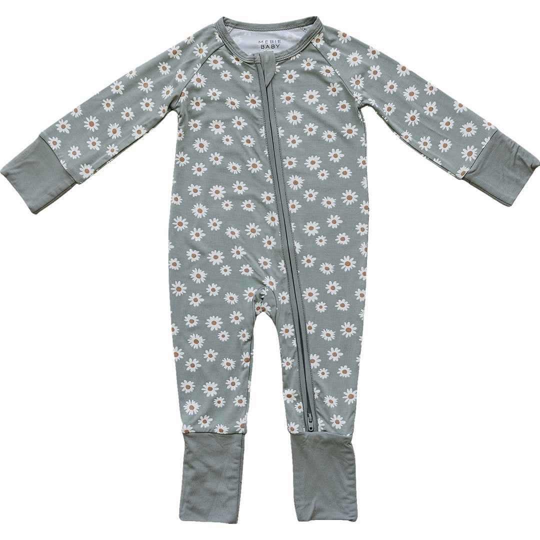 Mebie Baby Light Green Daisy Bamboo Zipper laid flat to show the fabric and design of this nursery favorite
