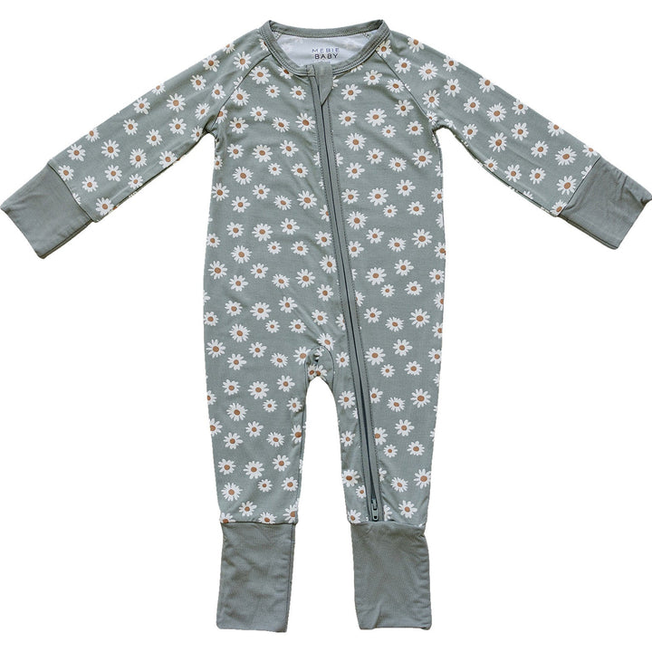 Mebie Baby Light Green Daisy Bamboo Zipper laid flat to show the fabric and design of this nursery favorite
