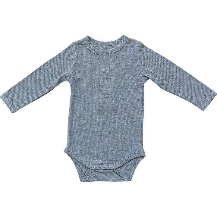 Mebie Baby Heather Grey Bamboo Snap Long Sleeve Ribbed Bodysuit front view product photo highlighting the ribbed baby