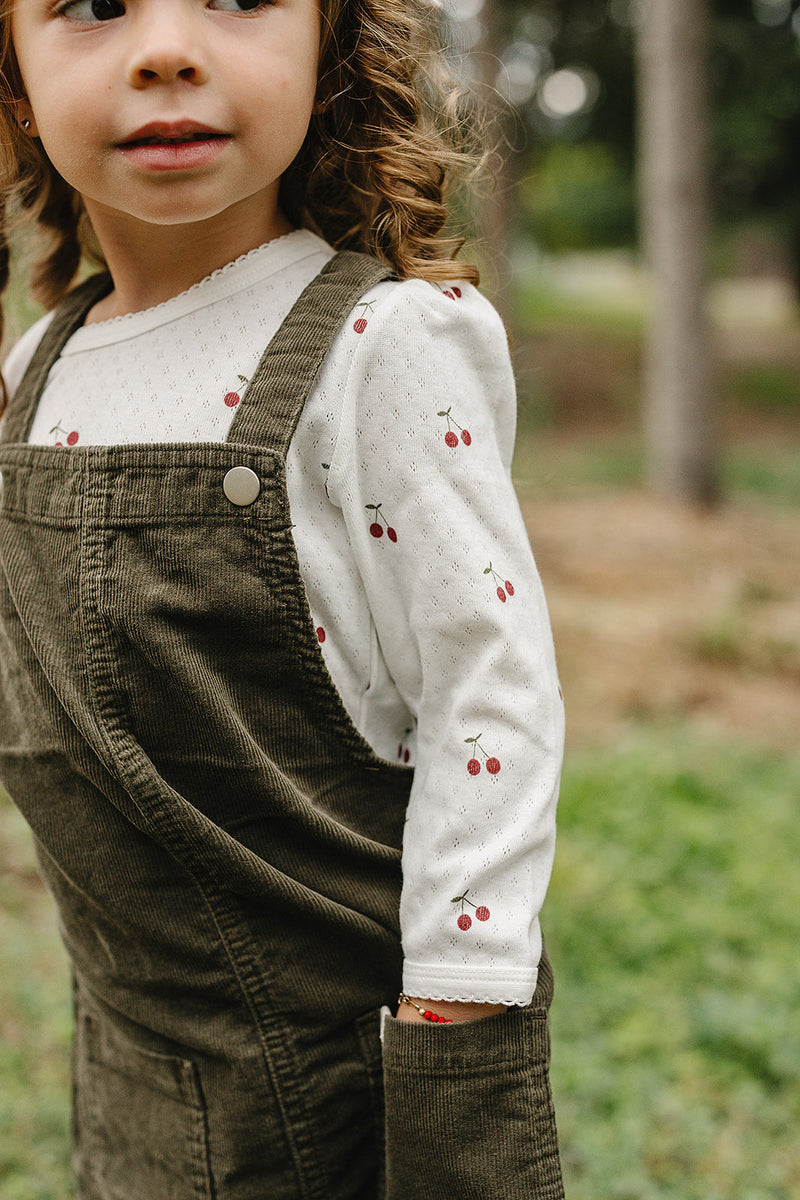 Keep little ones comfortable in the Mebie Baby Cherry Pointelle Long Sleeve Tee, a staple in organic baby clothes