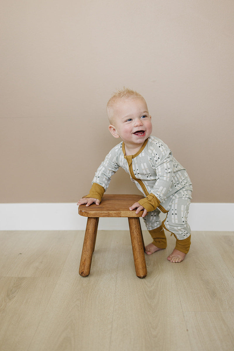A playful ski-inspired print highlights the Mebie Baby Ski Ribbed Bamboo Zipper, ideal for newborn onesies