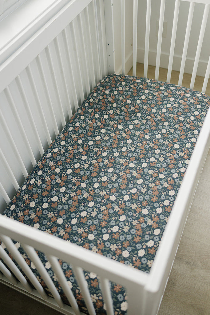 Mebie Baby Midnight Floral Muslin Crib Sheet breathable organic crib sheets for babies