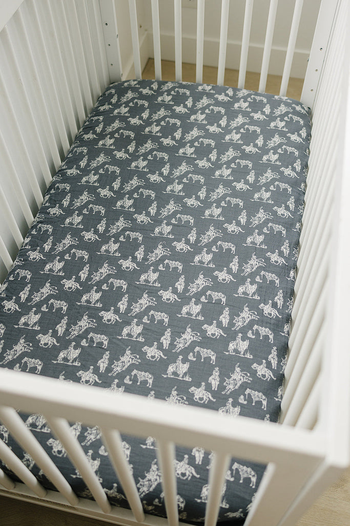 Wild West Muslin Crib Sheet by Mebie Baby in western print, crib bedding sheets