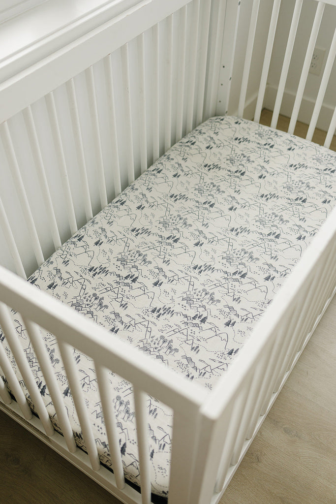 Mebie Baby Summit Muslin Crib Sheet in soft gray, crib sheet set for modern nurseries