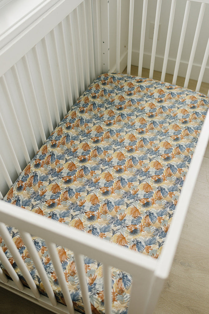 Paradise Palms Muslin Crib Sheet by Mebie Baby in palm print, best crib sheets