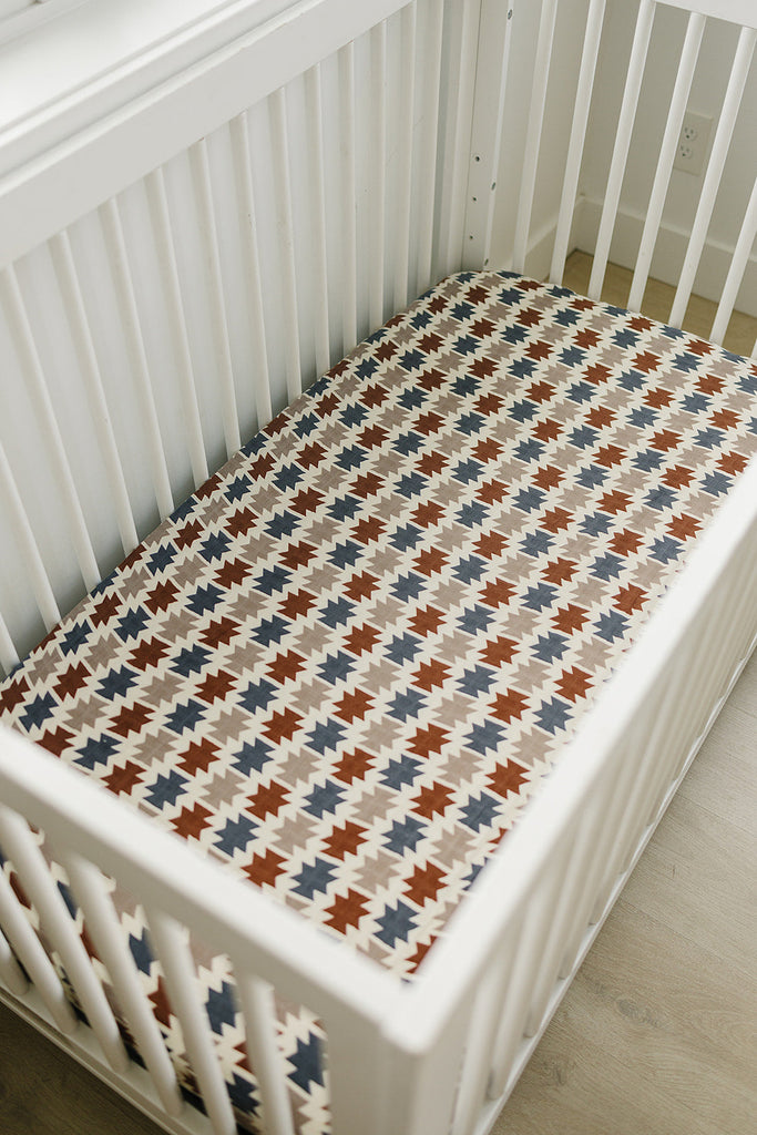 Mebie Baby Western Aztec Muslin Crib Sheet in earthy tones, organic crib sheets