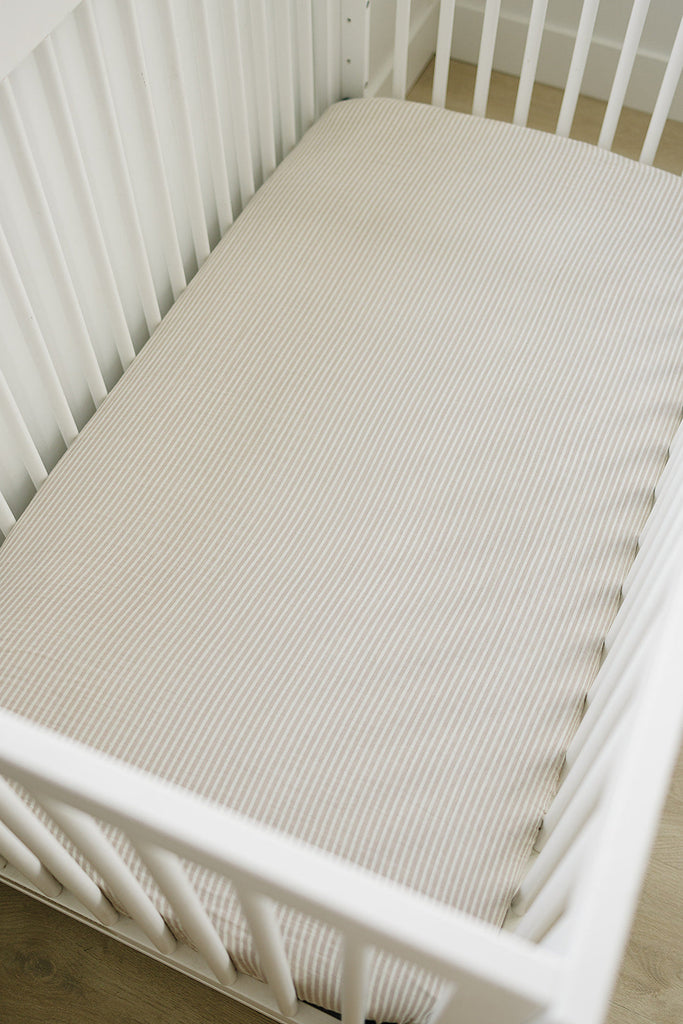 Taupe Stripe Muslin Crib Sheet by Mebie Baby, neutral crib sheets for newborns