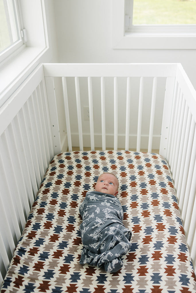 Mebie Baby Western Aztec Muslin Crib Sheet, gender neutral crib sheets in aztec print