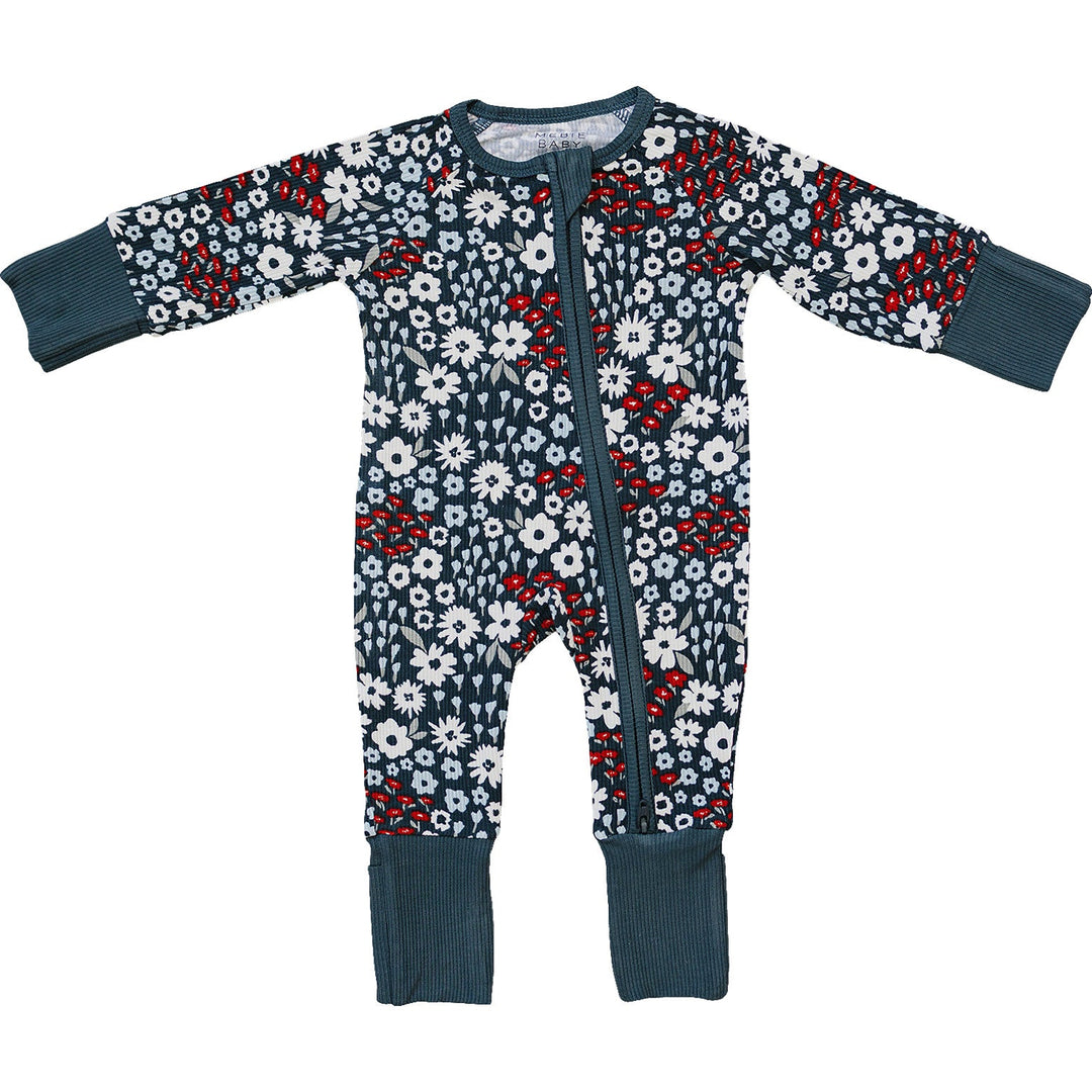 Mebie Baby Americana Floral Ribbed Bamboo Zipper features soft stretch and a patriotic print, perfect as a cozy baby onesie