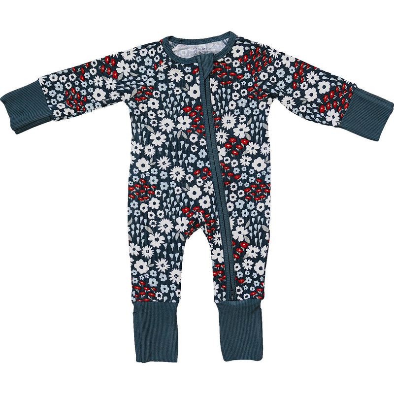Mebie Baby Americana Floral Ribbed Bamboo Zipper features soft stretch and a patriotic print, perfect as a cozy baby onesie