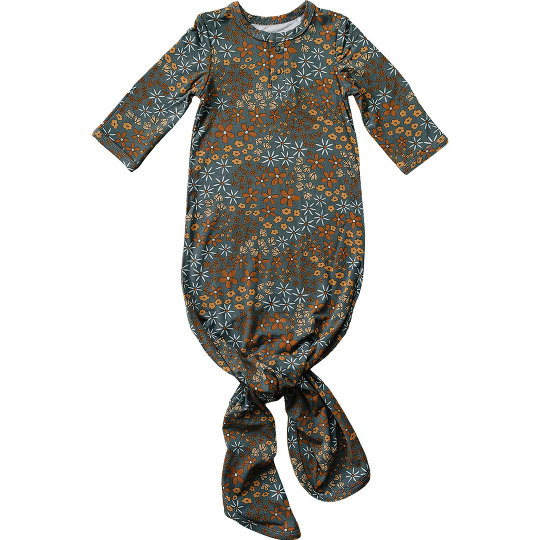 Mebie Baby Navy Floral Bamboo Knot Gown pairs soft stretch and florals, making it perfect for cozy baby pajamas