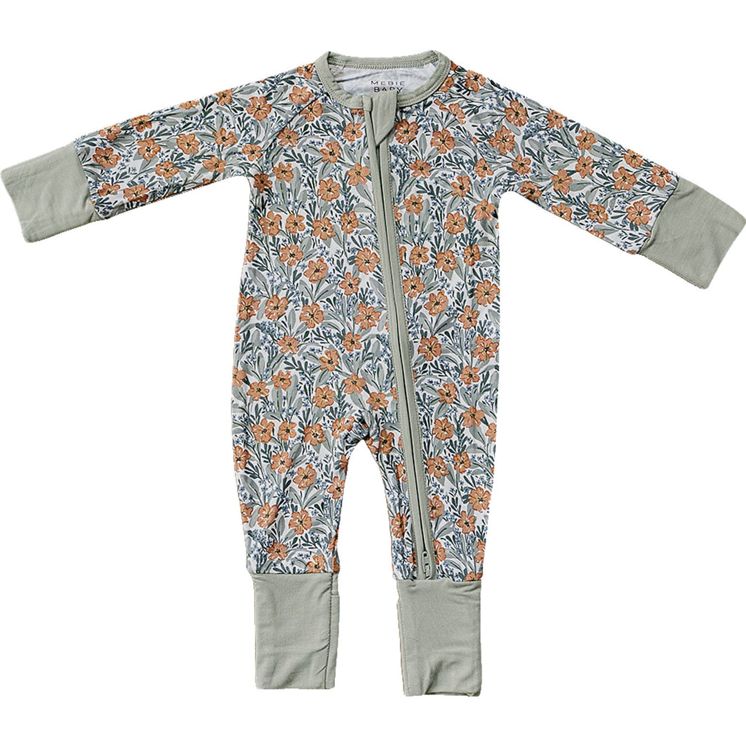 Soft and breathable, the Mebie Baby Dainty Meadow Bamboo Zipper makes a cozy baby onesie for everyday wear
