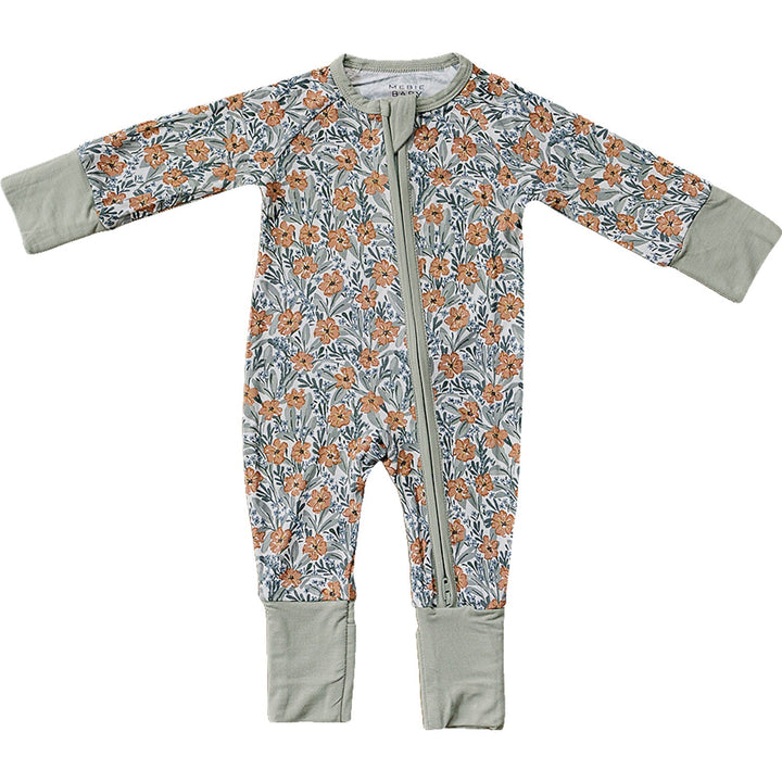 Soft and breathable, the Mebie Baby Dainty Meadow Bamboo Zipper makes a cozy baby onesie for everyday wear