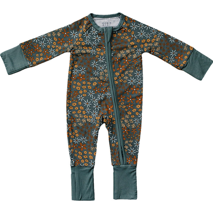 Soft navy florals make the Mebie Baby Navy Floral Bamboo Zipper a cozy everyday baby onesie