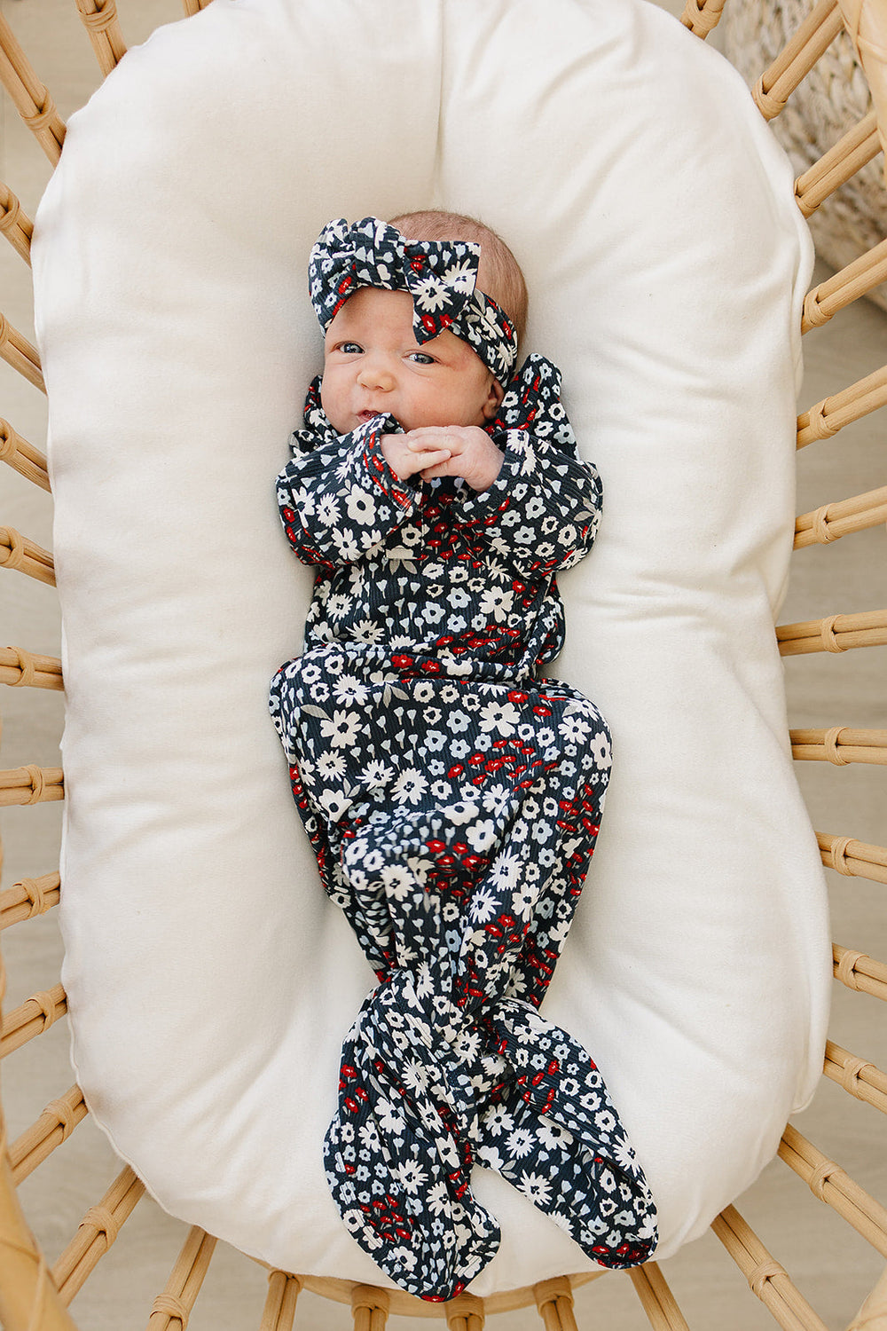 Designed for easy changes, the Mebie Baby Americana Floral Bamboo Knot Gown works beautifully as gentle bamboo baby pajamas