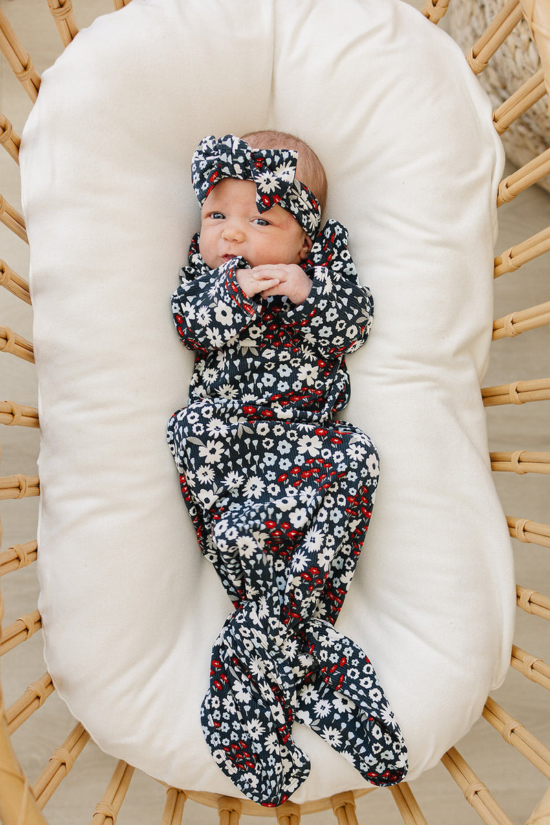 Designed for easy changes, the Mebie Baby Americana Floral Bamboo Knot Gown works beautifully as gentle bamboo baby pajamas