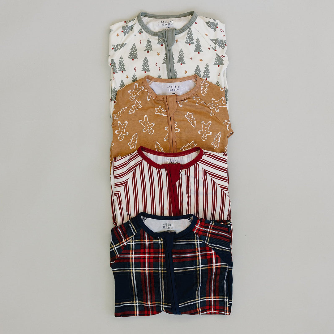 The Mebie Baby Gingerbread Bamboo Zipper, featuring long sleeves and smooth zip closure, stands out as practical bamboo onesies