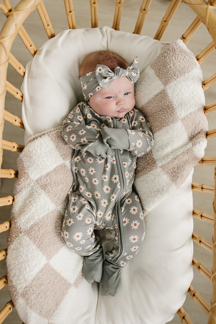 Mebie Baby Light Green Daisy Bamboo Zipper pictured alongside coordinating baby accessories