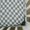 Dusty Blue Wavy Checkered Muslin Crib Sheet by Mebie Baby, crib sheet set in blue