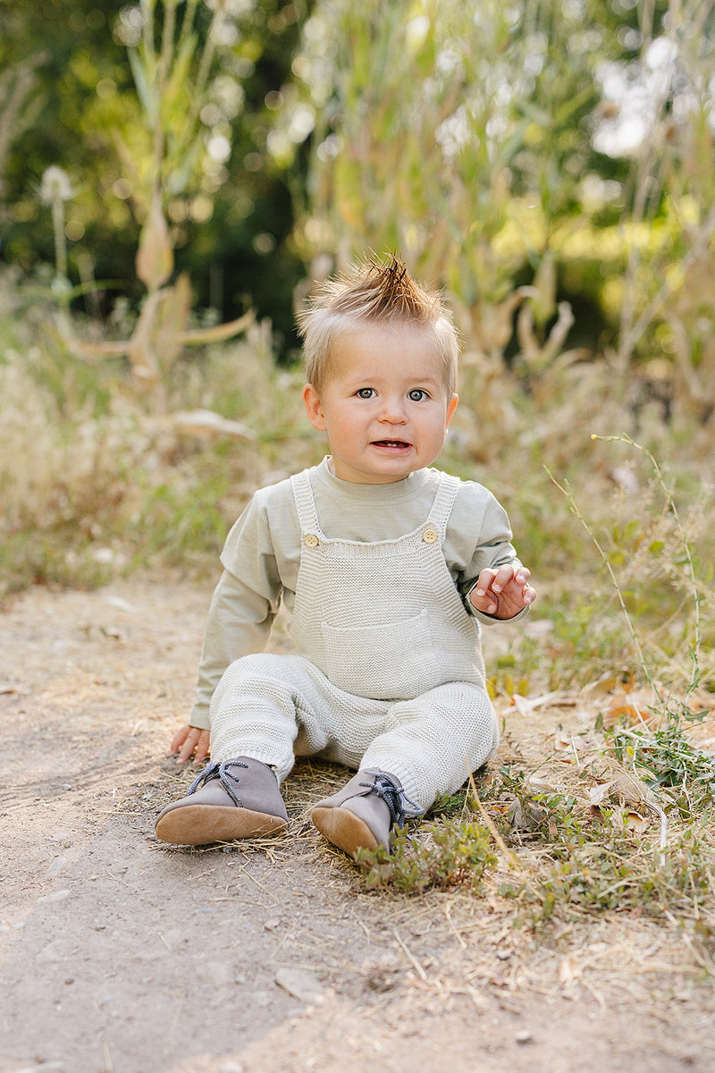Mebie Baby Grey Knit Overalls photographed for modern style, a must-have when shopping baby clothes online