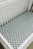 Dusty Blue Wavy Checkered Muslin Crib Sheet by Mebie Baby in blue, neutral crib sheets