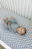 Dusty Blue Wavy Checkered Muslin Crib Sheet by Mebie Baby, soft baby crib sheets