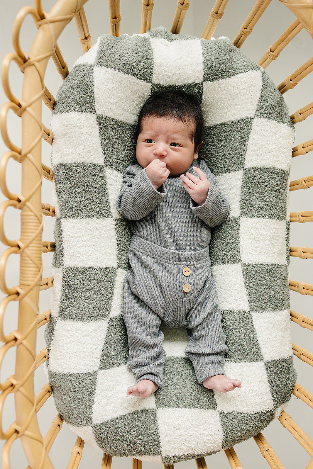 The Mebie Baby Charcoal Bodysuit Waffle Set features cozy waffle-knit fabric, ideal for bamboo baby pajamas