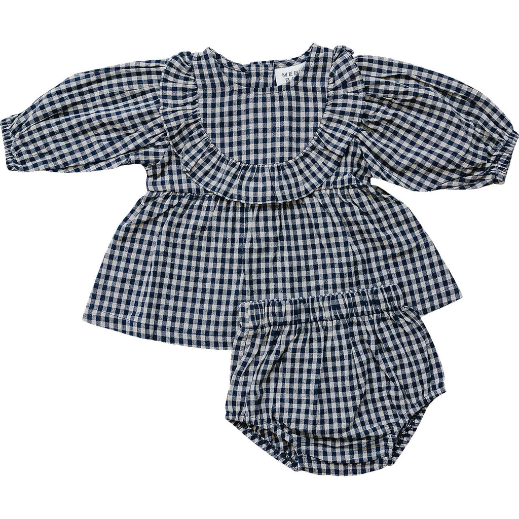 Mebie Baby ruffle linen dress and bloomer set.