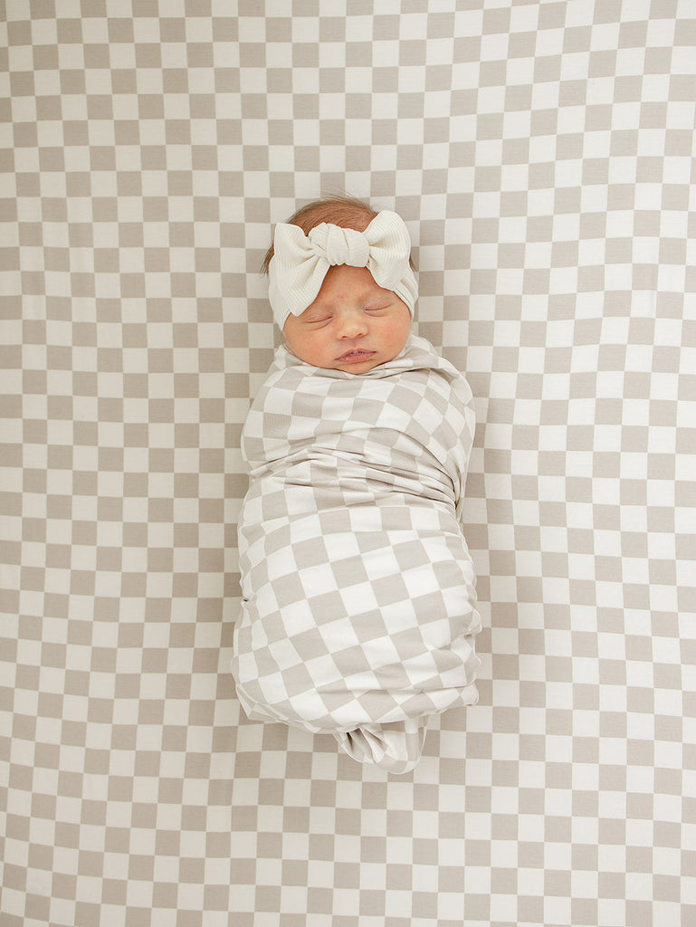 Taupe Checkered Bamboo Stretch Crib Sheet by Mebie Baby, organic crib bedding sheets in taupe