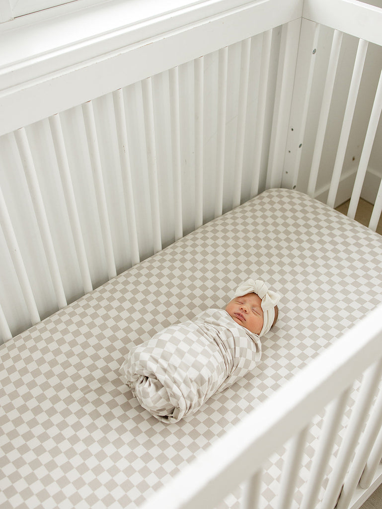 Taupe Checkered Bamboo Stretch Crib Sheet by Mebie Baby, neutral bamboo crib sheets