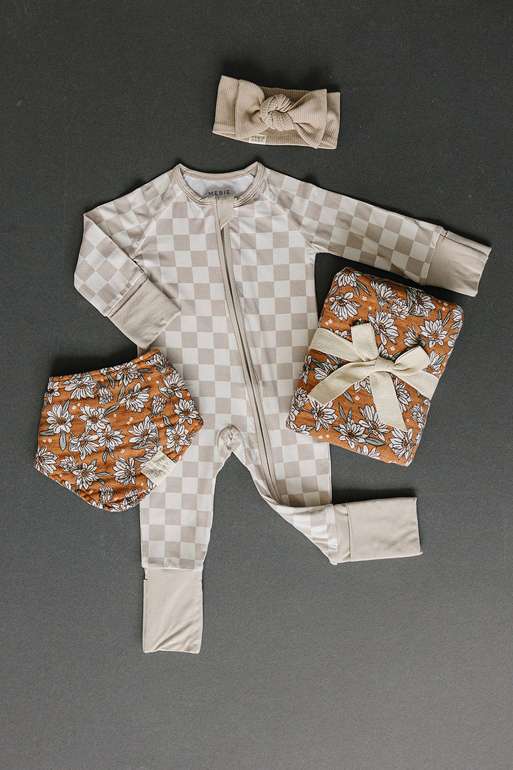 Taupe Checkered Bamboo Zipper displayed to show sizing and fit details of this nursery favorite