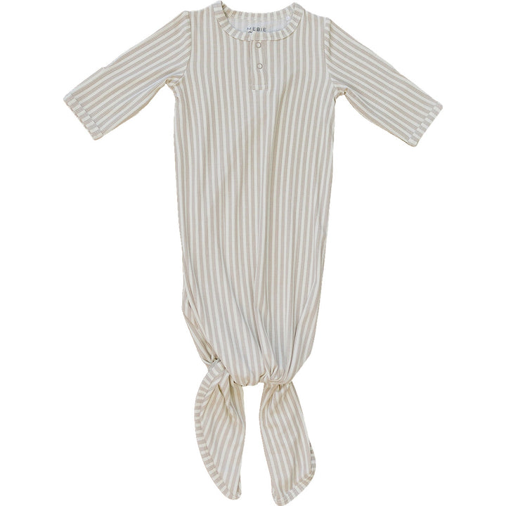Soft ribbed bamboo and neutral stripes make the Mebie Baby Taupe Stripe Ribbed Bamboo Knot Gown ideal for cozy baby pajamas