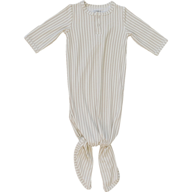 Soft ribbed bamboo and neutral stripes make the Mebie Baby Taupe Stripe Ribbed Bamboo Knot Gown ideal for cozy baby pajamas