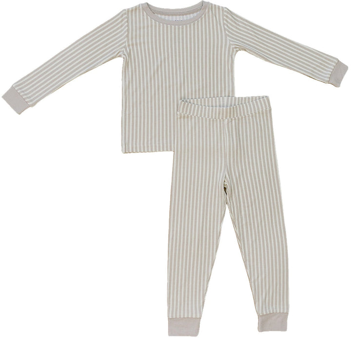 Soft and cozy, the Mebie Baby Taupe Stripe Ribbed Bamboo Cozy Set is perfect for baby pajamas