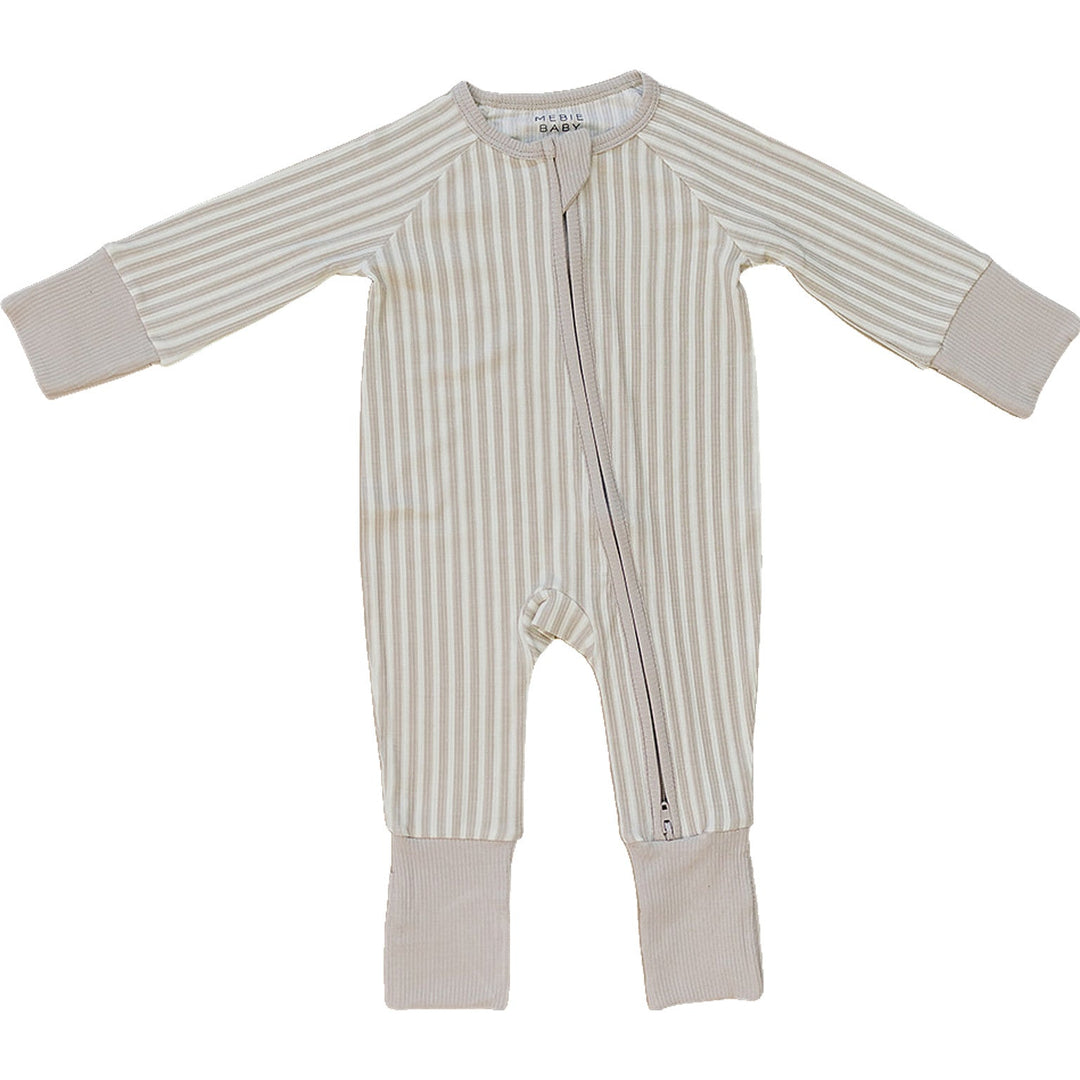 Mebie Baby Taupe Stripe Ribbed Bamboo Zipper combines soft ribbed bamboo and neutral stripes, making a cozy baby onesie