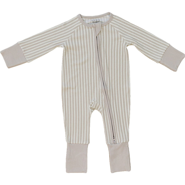 Mebie Baby Taupe Stripe Ribbed Bamboo Zipper combines soft ribbed bamboo and neutral stripes, making a cozy baby onesie