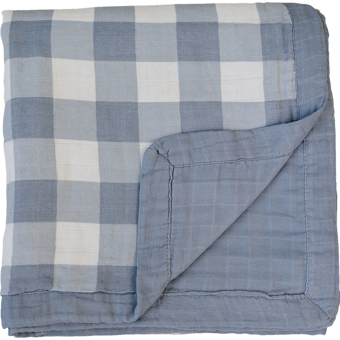 Mebie Baby Dusty Blue Gingham + Dusty Blue Muslin Quilt offers breathable comfort as a gentle muslin.