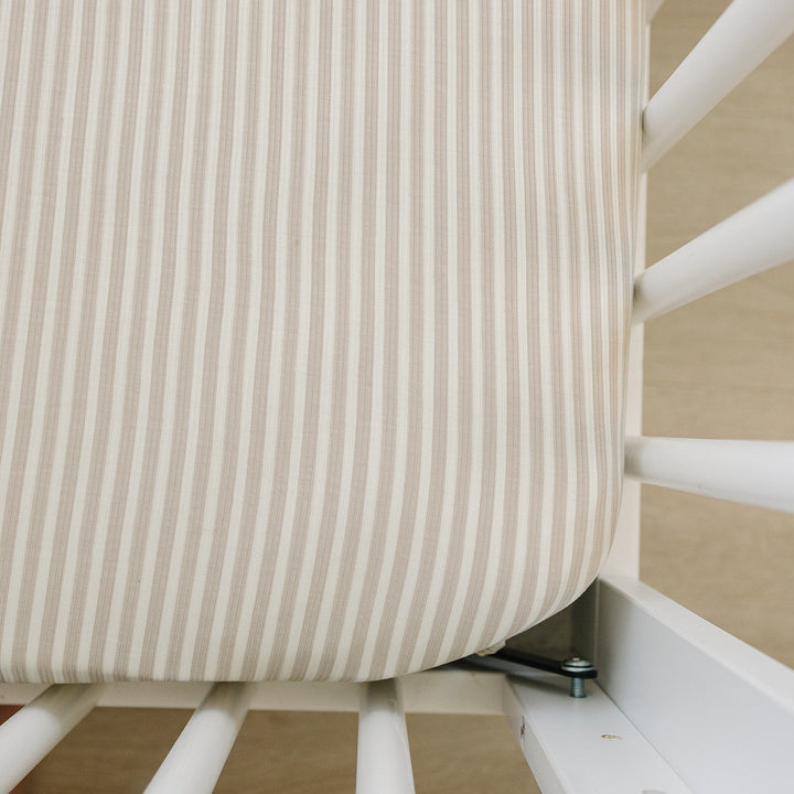 Mebie Baby Taupe Stripe Ribbed Bamboo Stretch Crib Sheet adds cozy comfort to your baby crib sheets.